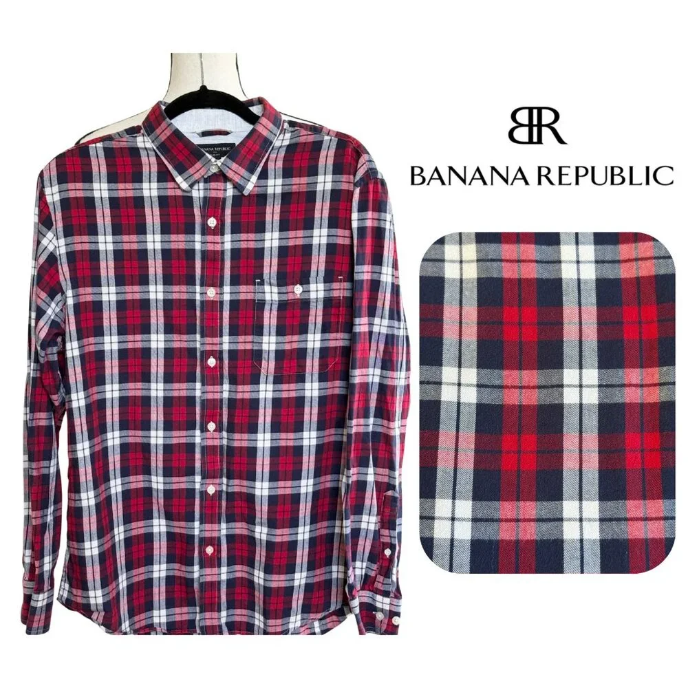 Banana Republic Slim Fit Plaid Shirt Mens Large L Red Navy White Button Down LS